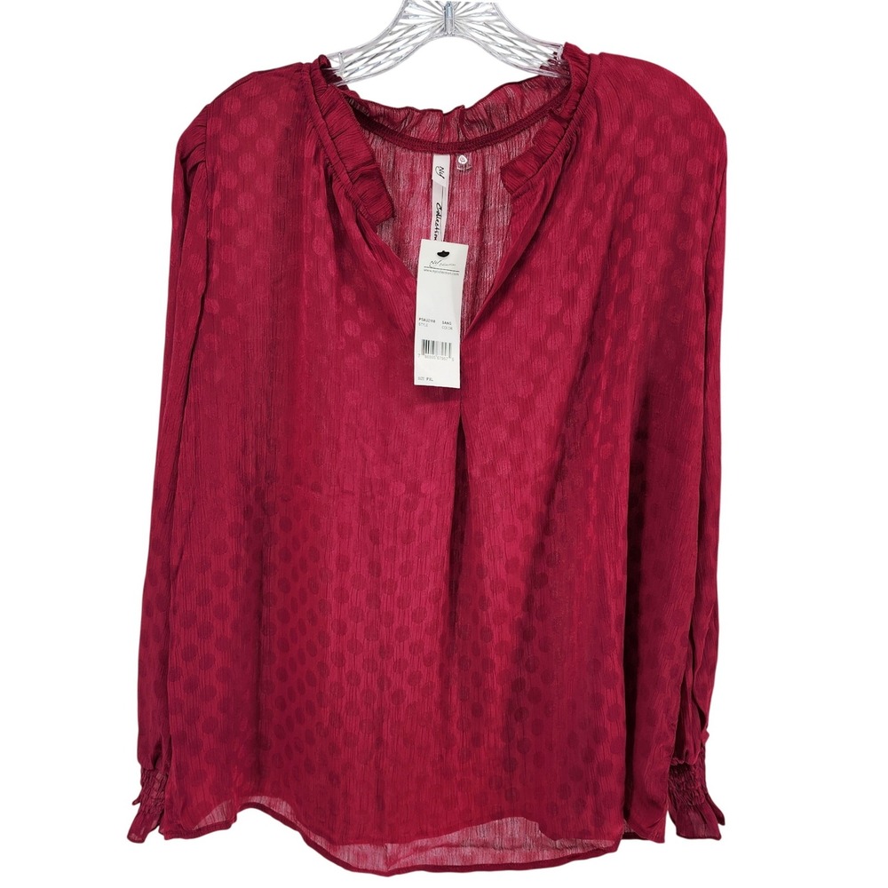 NY Collection Sangria Red Polka Dot Jacquard Ruffle Neck‎ Blouse PXL PSAU2168